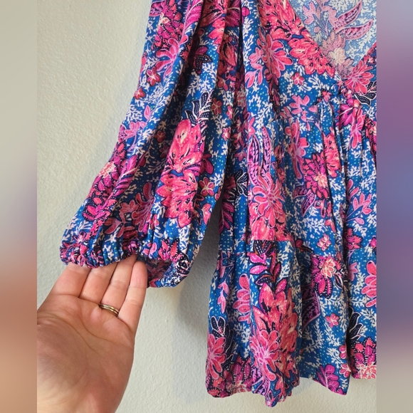 Joie Floral Deep V-Neck Blouse in Pink and Blue, Size L, Single Stitch Hems - Picture 2 of 10